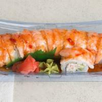Tiger Roll (10Pc) · shrimp tempura ,cucumber ,krabmeat roll with seared salmon ,eel sauce on top