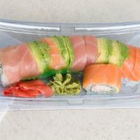 Rainbow Roll · Tuna, salmon, white fish and french fries egg scallion on top of California roll.
