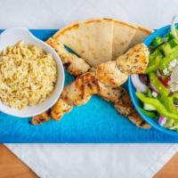 Chicken Souvlaki Plate · Marinated & grilled chicken souvlaki (2 skewers) served with two main sides and pita bread.