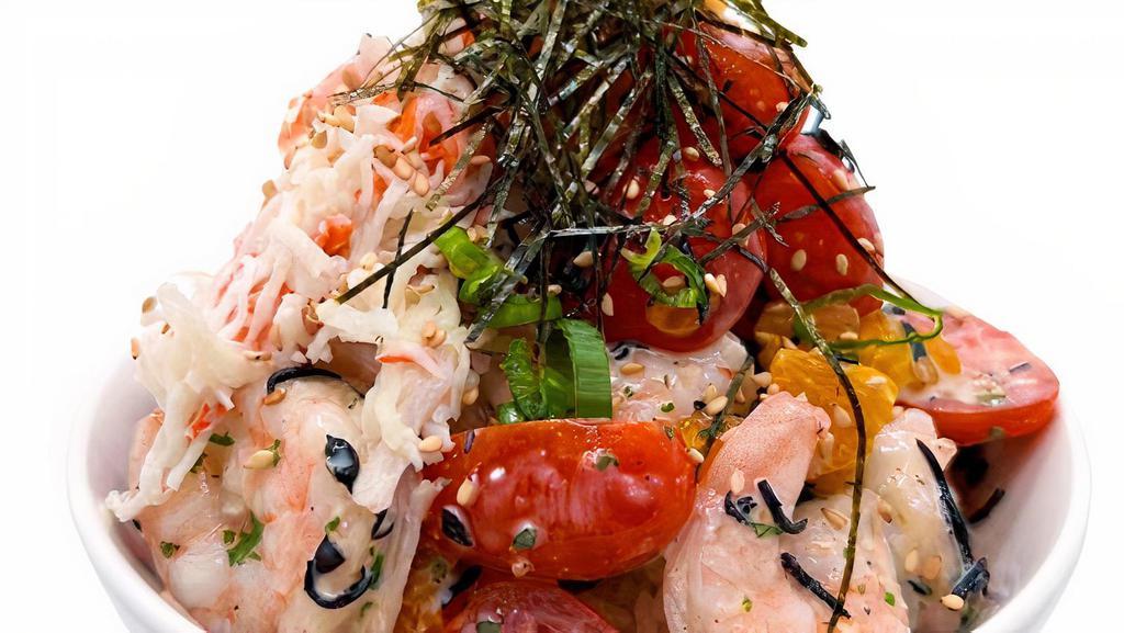Miso Citrus Shrimp · Steamed shrimp, mandarin oranges, hijiki seaweed, grape tomatoes, miso sauce, crab meat, green onion, sesame seeds, shredded nori