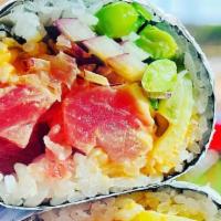 Build Your Own Sushi Burrito · your Choice of Proteins, sauce, and poké ingredients rolled in a sheet of toasted seaweed an...