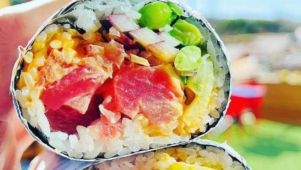 Build Your Own Sushi Burrito · your Choice of Proteins, sauce, and poké ingredients rolled in a sheet of toasted seaweed and sushi rice, burrito style.