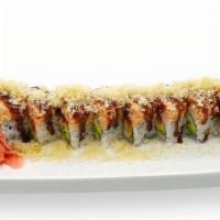 Pink Pleasure Roll · Crispy shrimp, smelt eggs, avocado roll topped with crab salad and eel sauce and crunchy fla...