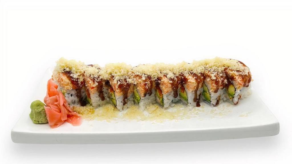 Pink Pleasure Roll · Crispy shrimp, smelt eggs, avocado roll topped with crab salad and eel sauce and crunchy flakes
