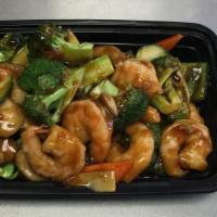 Shrimp With Mixed Vegetables · Shrimp with broccoli, pea pods, mushroom, celery, water chestnut, carrots and baby corns.