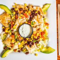 Baja Salad · Grilled chicken on top of a bed of lettuce, black beans, corn, fresh lime pico de gallo, ric...