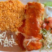 Chimichanga Plate · Shredded chicken or ground beef topped with red sauce, queso dip, lettuce, tomatoes, and sou...