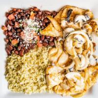 Pollo Ranchero · Grilled chicken breast topped with grilled mushrooms and onions smothered in queso dip. Serv...