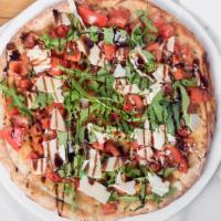Bruschetta Pizza · Diced fresh tomatoes, chopped onions, minced garlic, chopped basil, Italian herbs, extra vir...