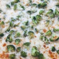 Broccoli Garlic Pizza · California Broccoli, Garlic Sauce & Mozzarella topped with grated Parmesan Cheese.