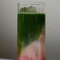 Strawberry Lemonade With Matcha · Freshly pressed strawberry lemonade with matcha,  honey &  monk fruit sweetener.