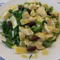 Artichoke Salad · Arugula, Romaine, Artichoke Hearts, Kalamata Olives, Shaved Parmesan, White Balsamic Vinaigr...