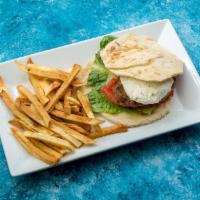 Lamburger · 8 oz. lamb burger topped w/ goat cheese, lettuce, tomatoes, onions, and served w/Greek fries.