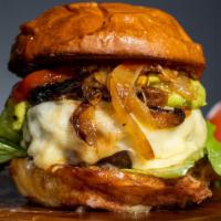 Joys Of Spring · Our juicy beef patty cooked medium topped with Gruyere, avocado, caramelized onions, green l...