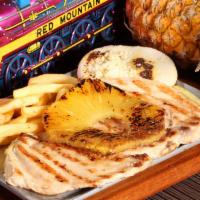 Pechuga Con Piña/ Grilled Chicken Breast With Fresh Pineapple · Pechuga de pollo asada asada con piña servida con papa francesa y arepa con queso/ Grilled c...