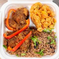 Jerk Chicken · Comes with rice and peas white rice or yellow rice and two plantain slices.