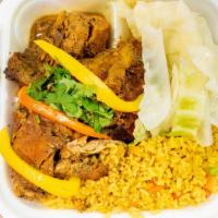 Curried Chicken · Comes with rice and peas white rice or yellow rice and two plantain slices.