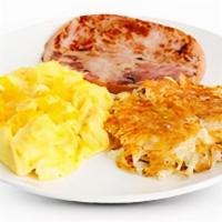 Ham & Eggs · Ham steak and 2 eggs any style. Served with buttermilk pancake or toast and your choice of p...