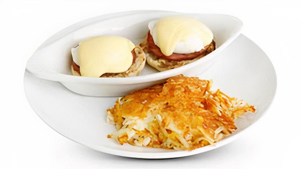 Eggs Benedict · Grilled Canadian bacon, 2 poached eggs and our house Hollandaise.
