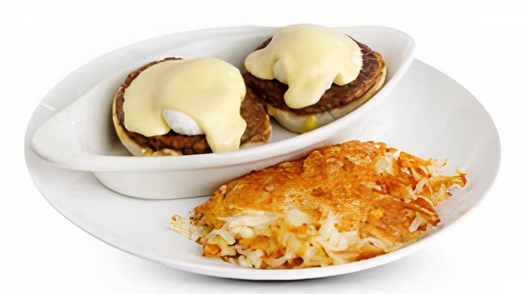 Impossible Bendict · A toasted English muffin topped with Impossible� sausage patties made from plants, 2 poached eggs and our house Hollandaise.