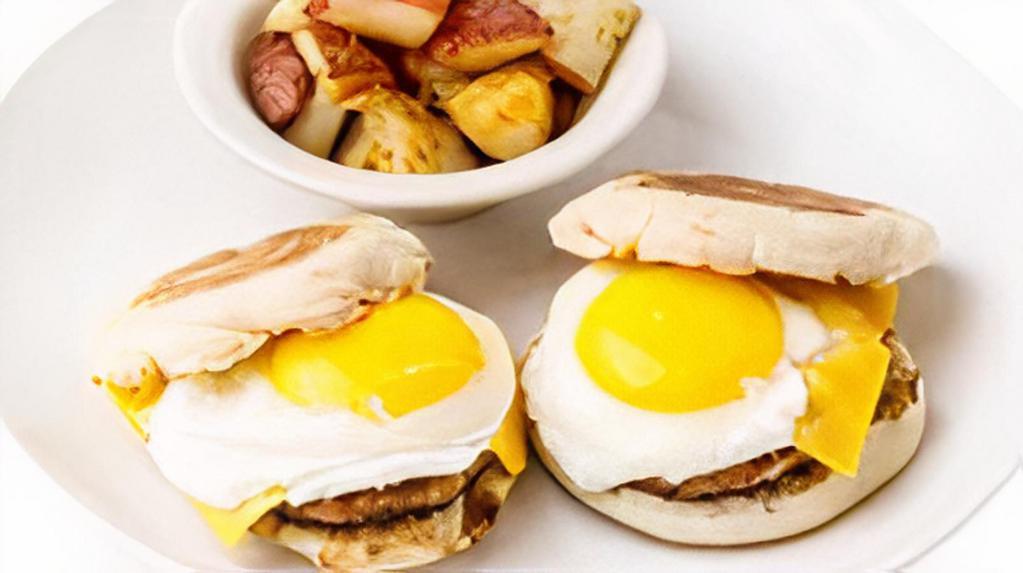 Breakwich · 2 eggs, sausage patty and American cheese. Served on an English muffin, choice of potatoes.