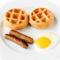 Waffle Junior Plate · Two mini waffles and one egg any style with cheese if desired plus: two strips of bacon or t...