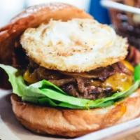 Bison* · ground bison, bacon, cheddar cheese, bibb lettuce, tomato, caramelized onion, fried egg, 100...