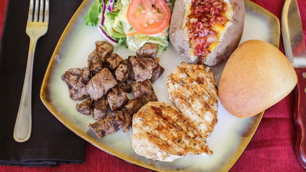 Mixed Grill (3 Items) · Served with your choice of grilled shrimp, 8 oz. chopped steak, sirloin steak tips, grilled chicken breast, smoked ribs, grilled pork chop, grilled salmon or grilled bacon wrapped scallops.