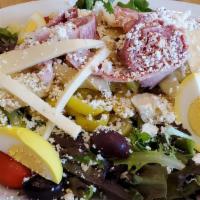 Antipasto Salad · Mixed greens, ham, hot capricola, white american cheese, tomatoes, marinated artichokes, oli...