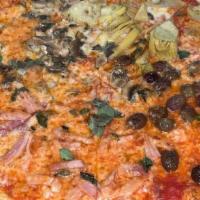 Quattro Stagioni · Mozzarella, San Marzano tomatoes, basil, artichokes, cooked ham, mushroom, and olives.