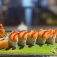 Crazy Roll · Shrimp tempura, cream cheese inside smoked salmon on top with special sauce.