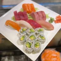 Sushi & Sashimi Combo · Four pieces sushi and nine pieces sashimi with California roll.
