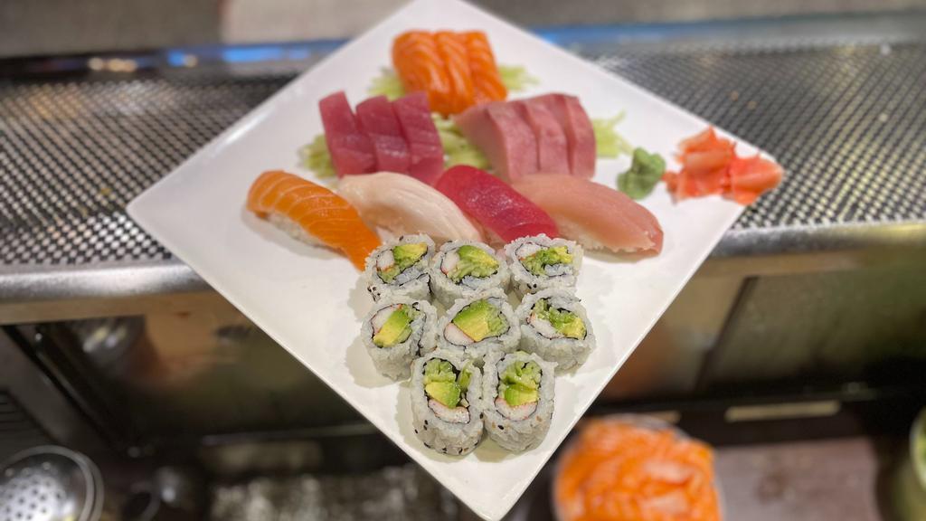 Sushi & Sashimi Combo · Four pieces sushi and nine pieces sashimi with California roll.