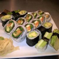 Veggie Lover · Veggie roll, avocado roll and 4 pieces of veggie sushi.