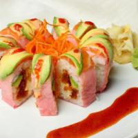 Sunrise Roll · Spicy tuna, tempura flakes, avocado and cream cheese topped with salmon and avocado, rolled ...