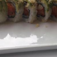 Spicy Crunch Roll · Spicy salmon and crab topped with avocado and tempura flakes.
