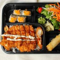 Chicken Katsu Bento Box Lunch · Served with miso soup, salad, California roll and spring roll.