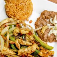 Chicken Fajitas · comes with onions, bell peppers and two tortillas corn or flour. Rice and Beans
Fountain dri...