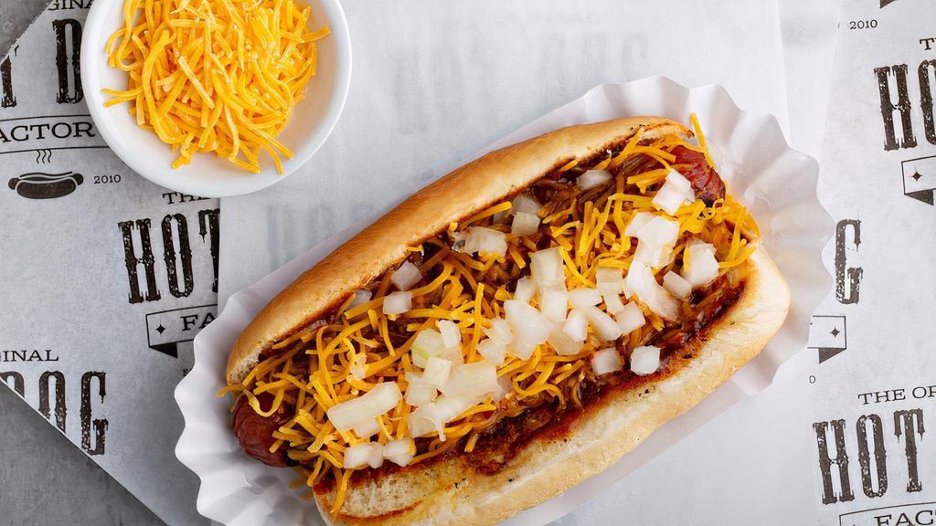 Detroit Coney · Beef hot dog topped with FACTORY chili, shredded cheese, and onions.