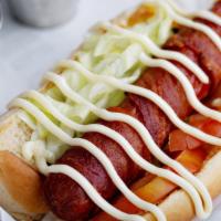 Blt · Bacon-wrapped beef hot dog topped with lettuce, tomato, and mayo.