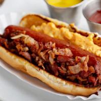 Augusta Cheese Dog (Factory Dog) · Beef hot dog topped with pimento cheese and bacon bits