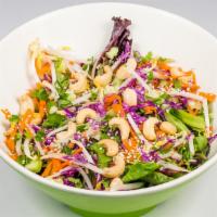 Sesame Thai Salad · Spring greens with cucumber, carrot shreds, red cabbage, bean sprouts, cashews, and cilantro...