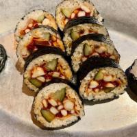 Squid Kimbap · Regular spicy. Pickled radish, cucumber, cooked squid, Korean chili sauce.