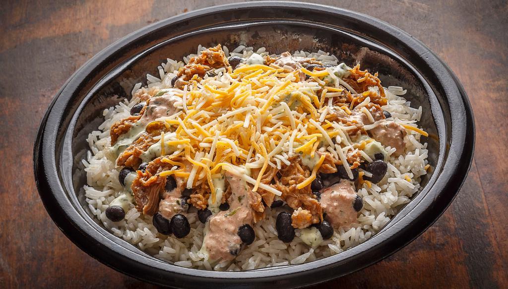 Sweeto Pork Bowl · Slow-Cooked, Sweet Shredded Pork with White Rice, Black Beans, Shredded Monterey Jack Cheese, Fresh Lime, Neato Sauce & Cilantro Ranch.