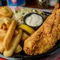 Southern Fried Catfish (1 Pc- 2 Sides) · Fresh, farm-raised catfish hand-breaded in cornmeal and served with homemade tartar sauce.