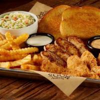 8 Sauced Hand-Breaded · Traditional hand-breaded tenders, sauced in up to two flavors. Served with your choice of tw...