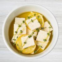 Vegetarian · Meiji Tofu, olive oil poached with thyme and garlic over greek salad
