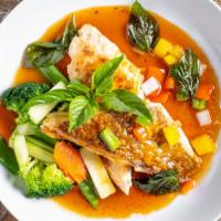  3 Flavored Red Snapper · Filet of red snapper pan fried, topped with onion, bell pepper, and garlic in three flavored...
