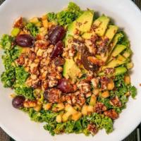 Market Kale Salad · Finely chopped green kale, diced avocado, caramelized walnuts, diced green apple, red grapes...