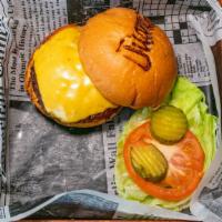 Old Buddy Burger · Jsb beef patty, American cheese, and juanchis sauce. Served with lettuce, tomato, pickles, a...